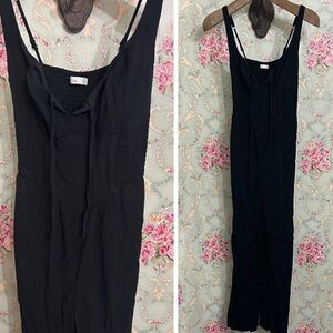 Lightweight JUMPSUIT black LINED adjustable spaghetti straps smocked pants XS